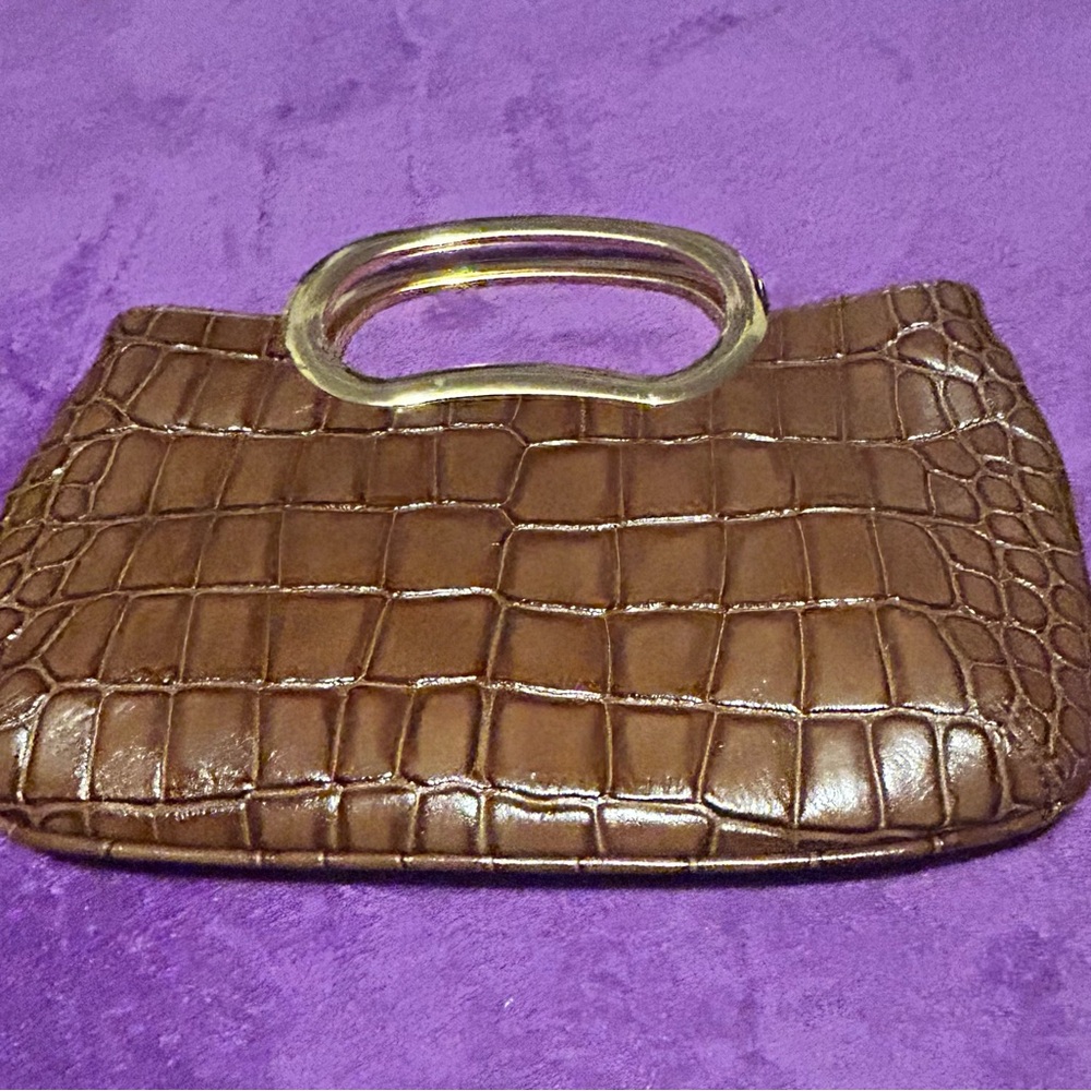ABS Allen Schwartz Brown Croc-Embossed Clutch with Gold Handle